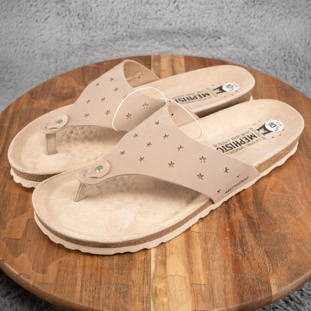 New Mephisto Nikie Star Perforated Leather Thong Sandals Taupe EU 42 US‎ 10.5-11